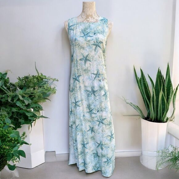 Vtg Sleeveless Maxi Dress Size S Small Square Neck Pocket Starfish Print Rayon - Picture 1 of 16